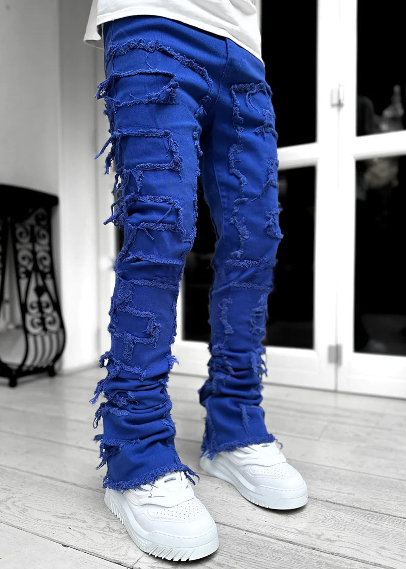 Men’s Ins Fringed Ripped Patched Stacked Jeans