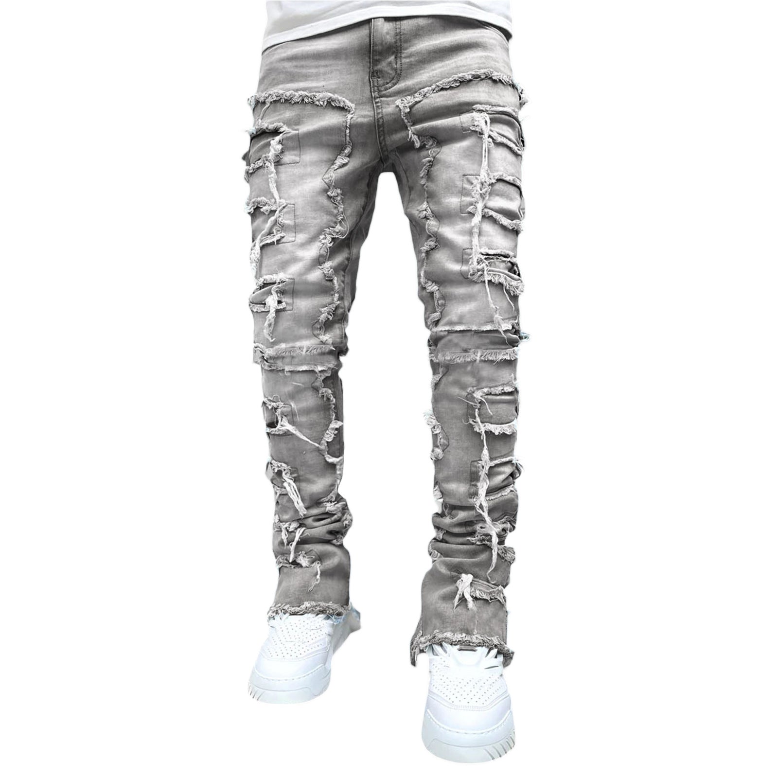 Men’s Ins Fringed Ripped Patched Stacked Jeans