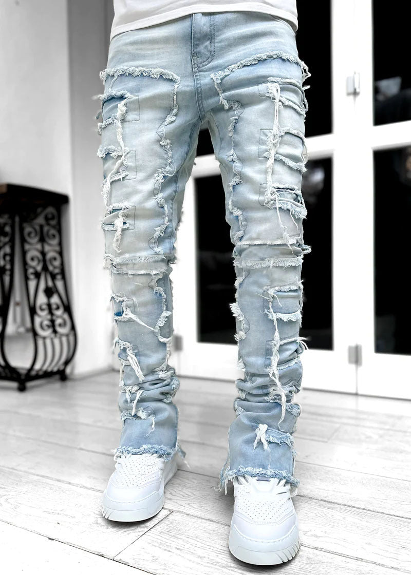 Men’s Ins Fringed Ripped Patched Stacked Jeans