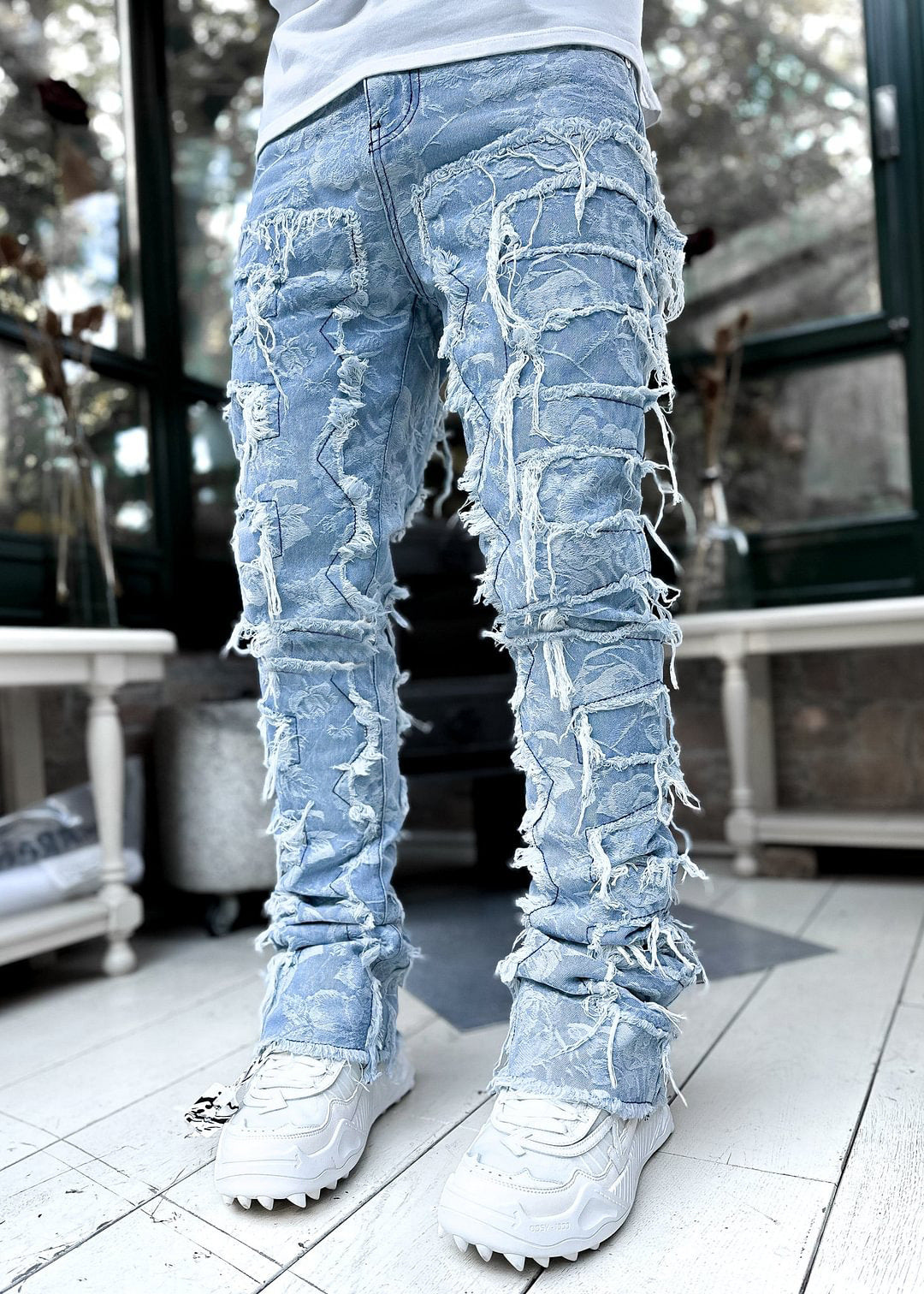 Men’s Ins Fringed Ripped Patched Stacked Jeans