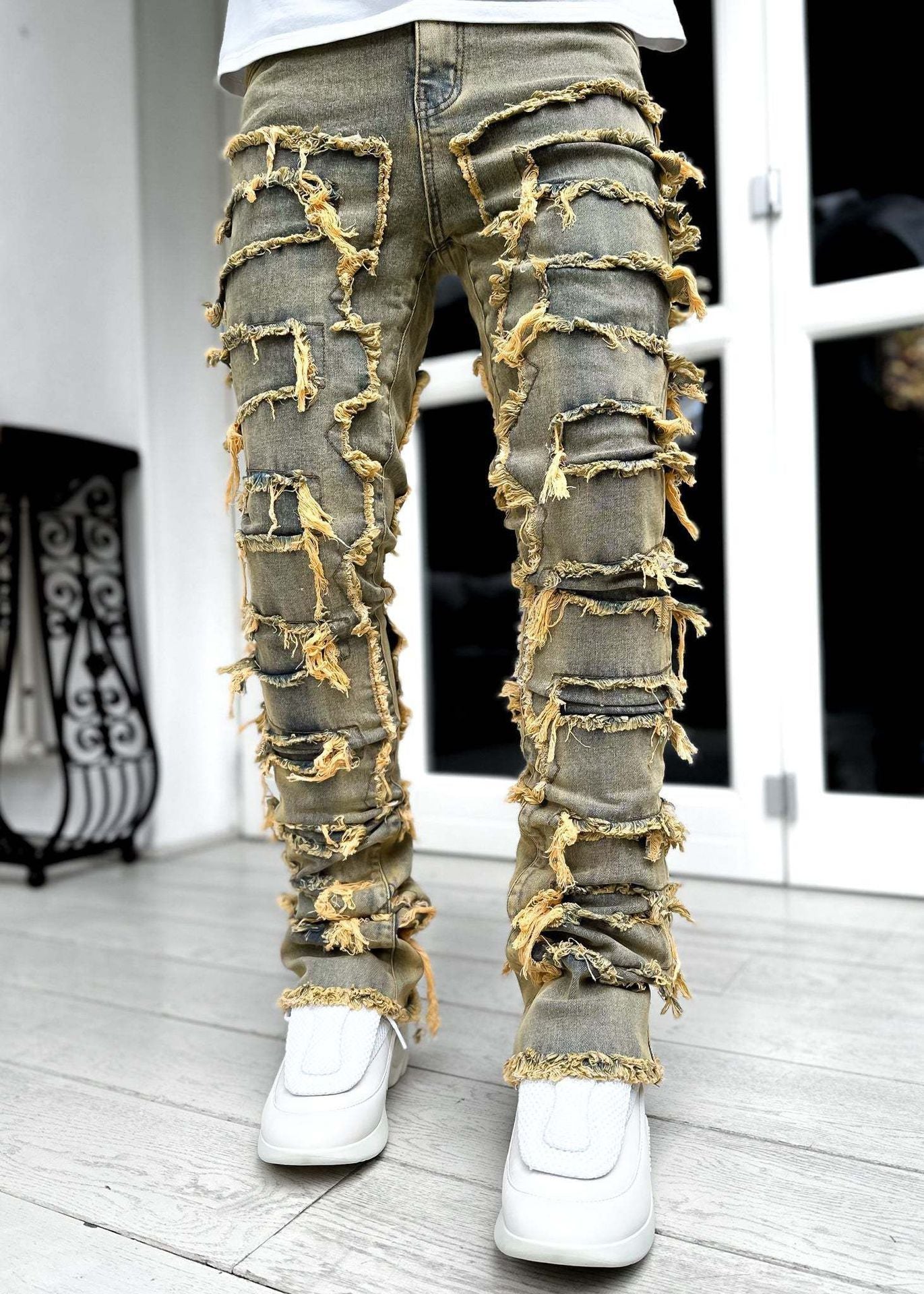 Men’s Ins Fringed Ripped Patched Stacked Jeans