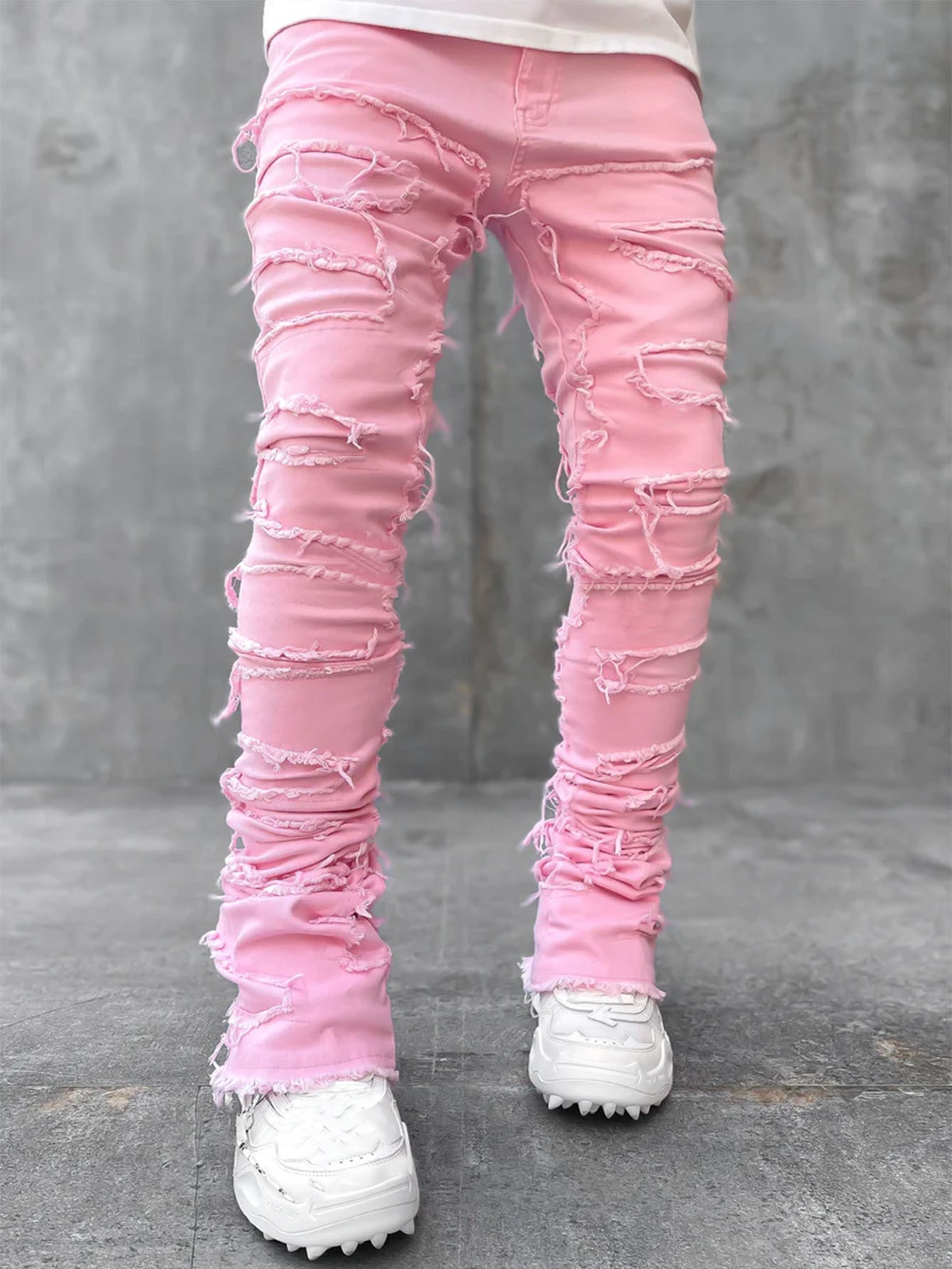 Men’s Ins Fringed Ripped Patched Stacked Jeans