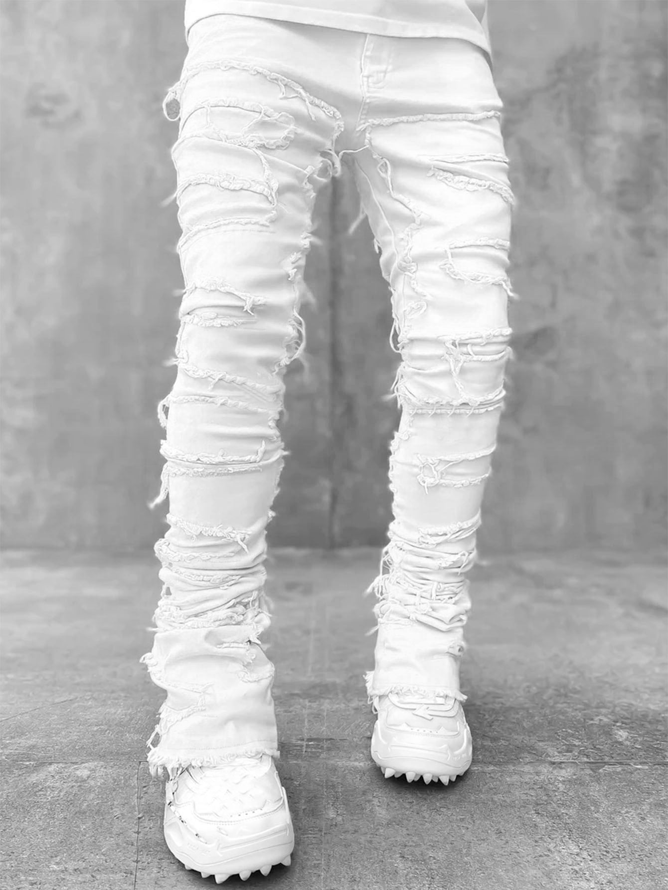 Men’s Ins Fringed Ripped Patched Stacked Jeans